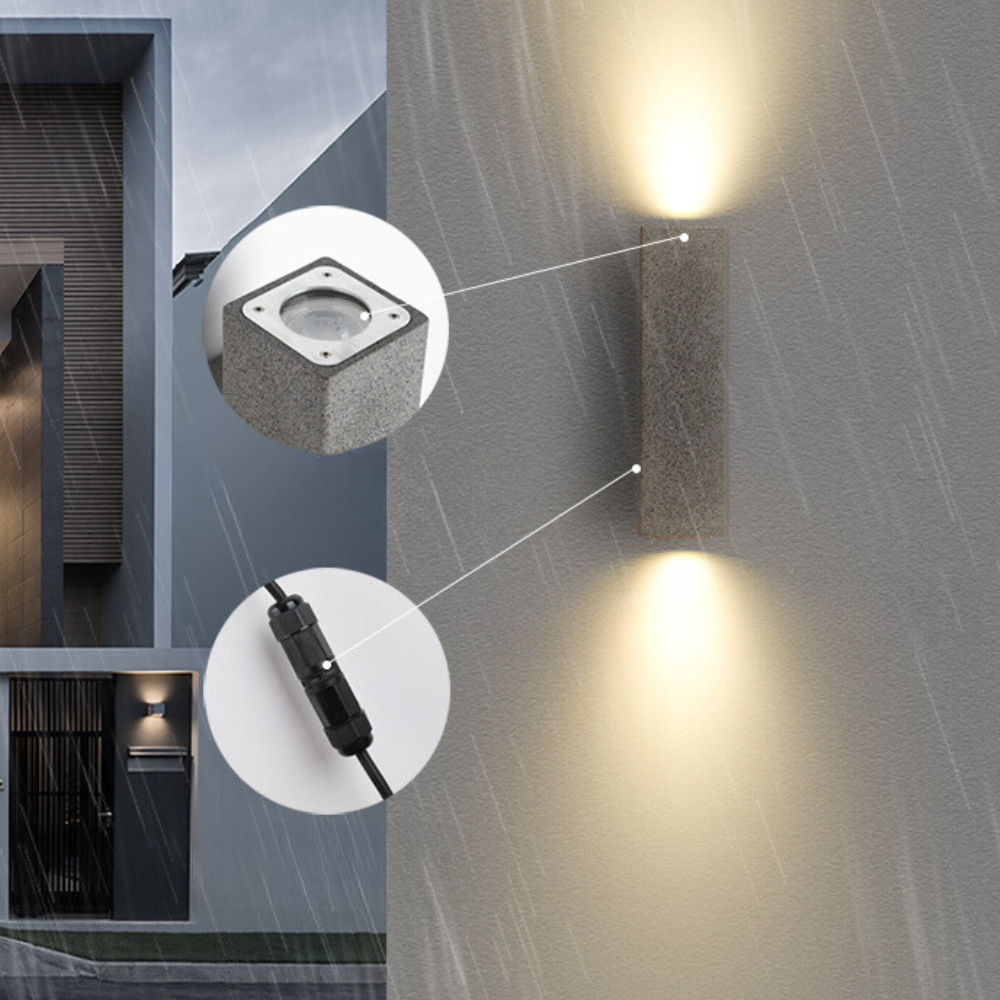 Orr cement LED outdoor wall lamp in rain.