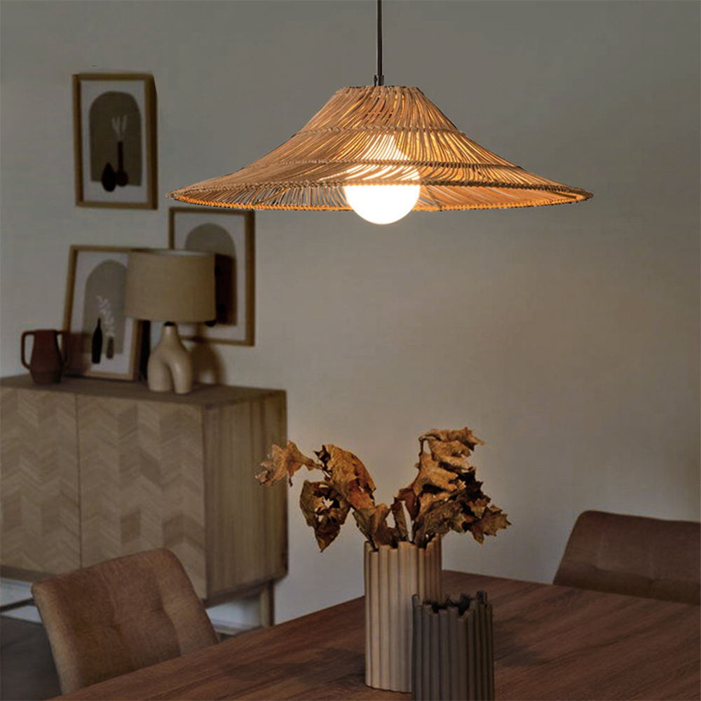 Vintage rattan pendant light in dining room setting