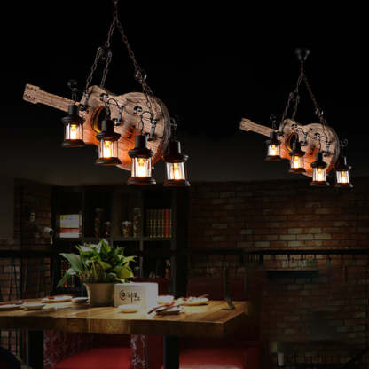 Retro guitar light fixture with four lantern bulbs.