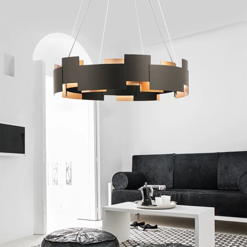 Modern black ring pendant light in a living room