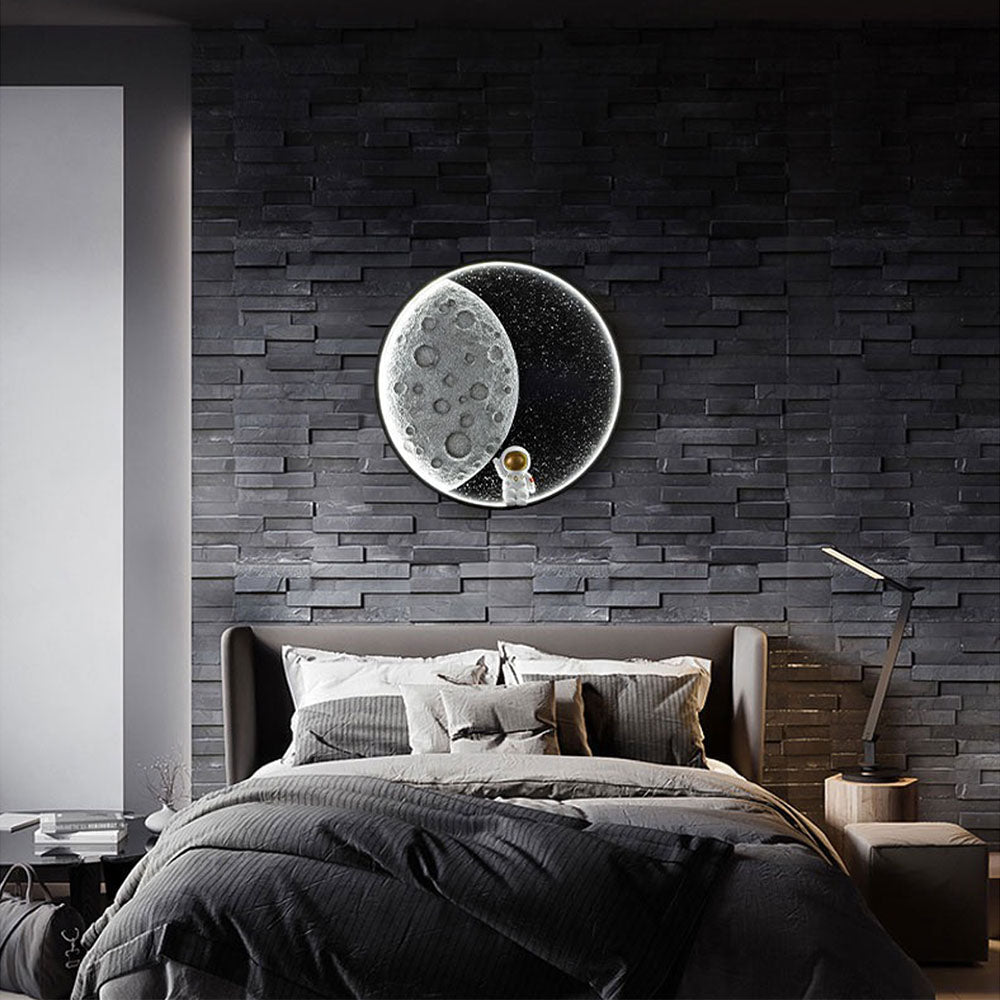 Elif Astronaut Moon Lamp on bedroom wall. Modern kids room lighting.