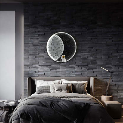 Elif Astronaut Moon Lamp on bedroom wall. Modern kids room lighting.