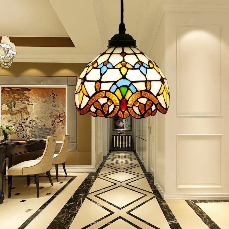 Alessio Tiffany Pendant Light in Hallway Alessio Tiffany Multicolor Bell Pendant Light