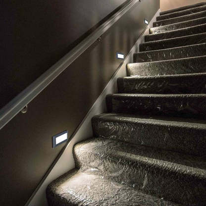 LED outdoor step lights on staircase for deck lighting