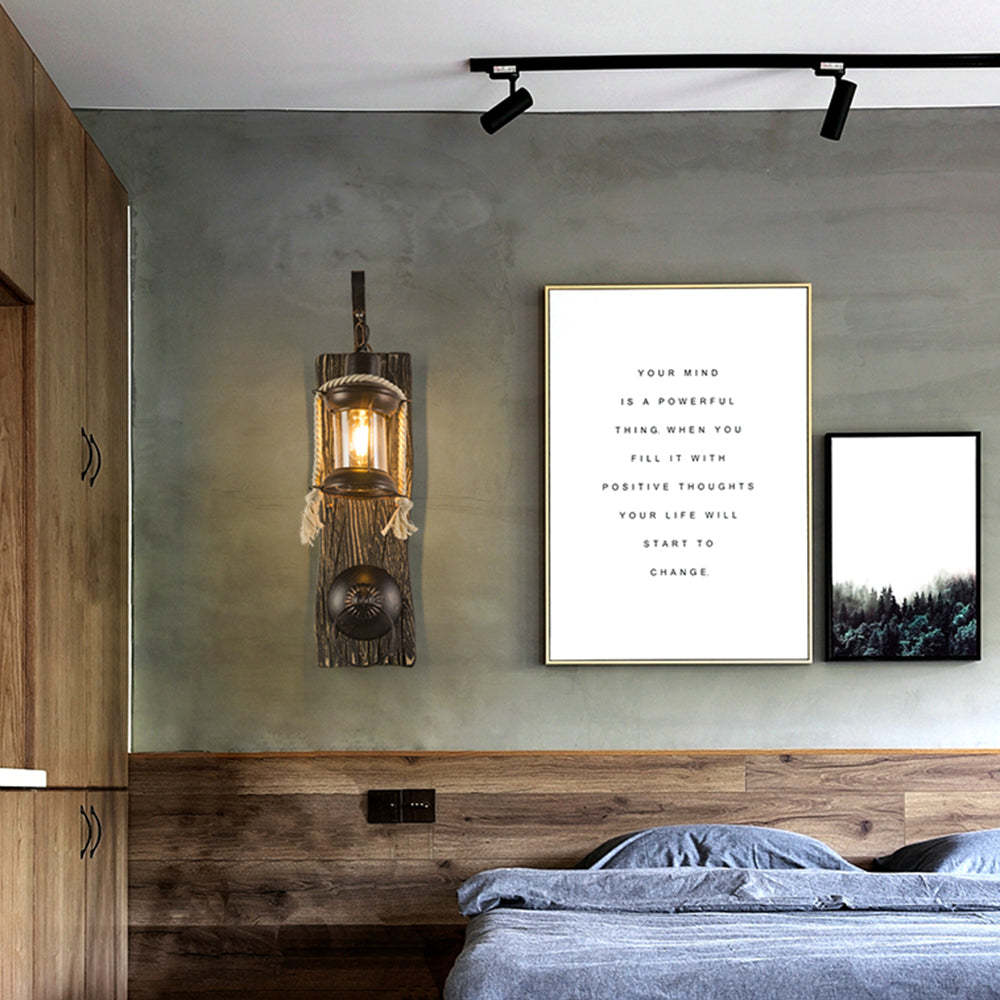 Alessio wall lamp in bedroom. Retro lantern lighting.