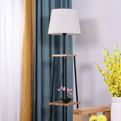 Eryn floor lamp: fabric shade, shelves & metal frame.