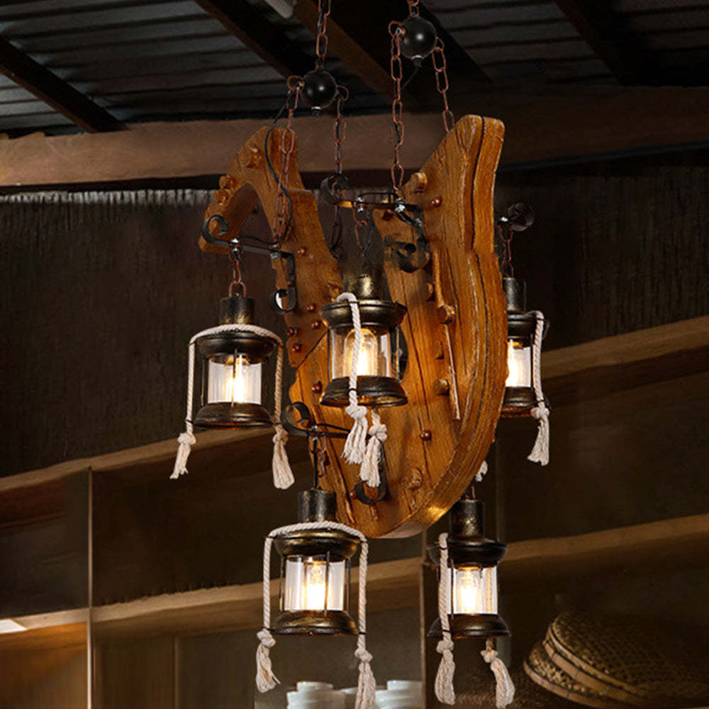 Retro saxophone pendant light with wood and metal accents