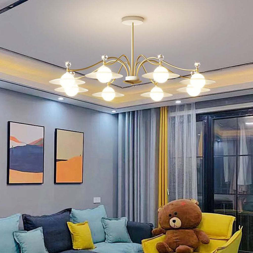 Carins chandelier in modern living room, 6-light glass fixture.