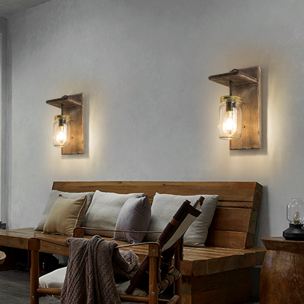 Austin vintage jar wall sconce. Wood and metal lighting.