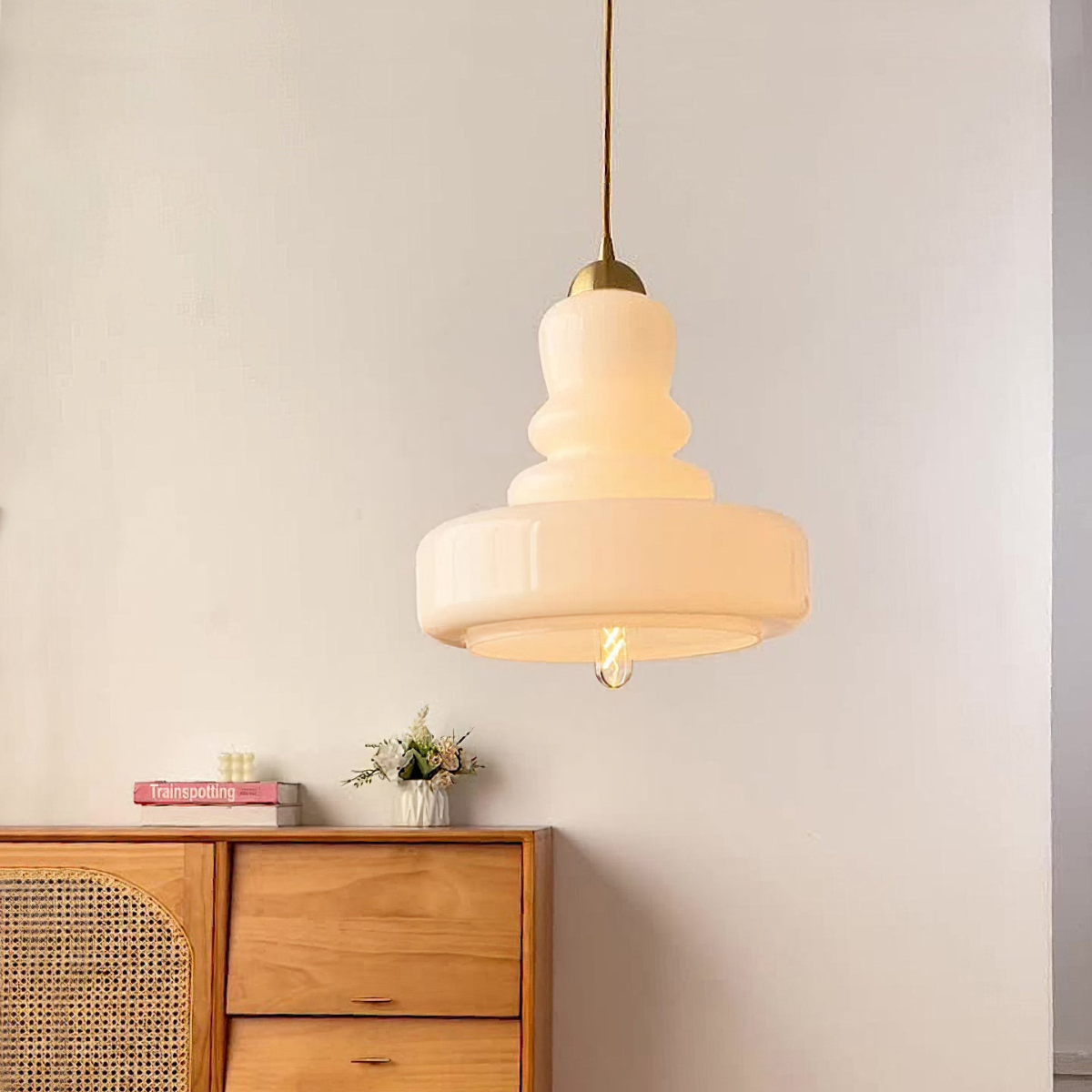 Morandi French Modern Pendant Light, glass and metal, beige color