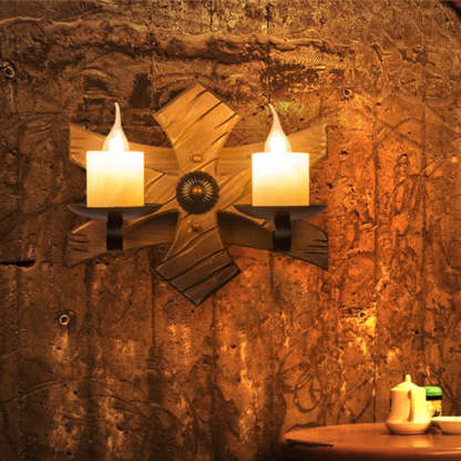 Rustic wooden candle wall lamp. Austin double light fixture.