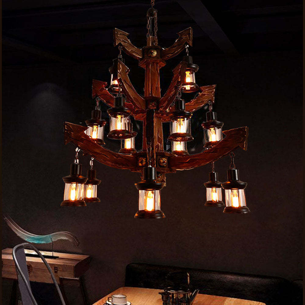 Rustic wood and metal Austin lantern chandelier.