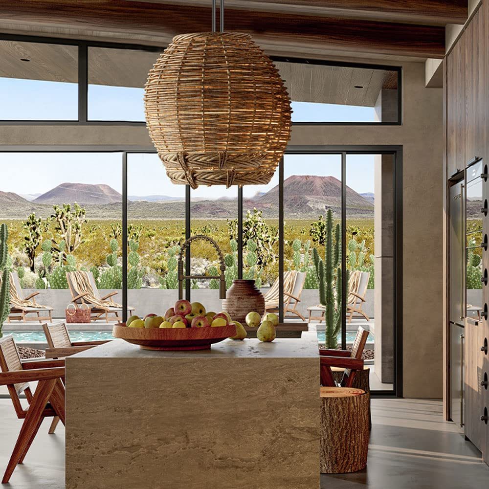 Rattan pendant light in a modern kitchen