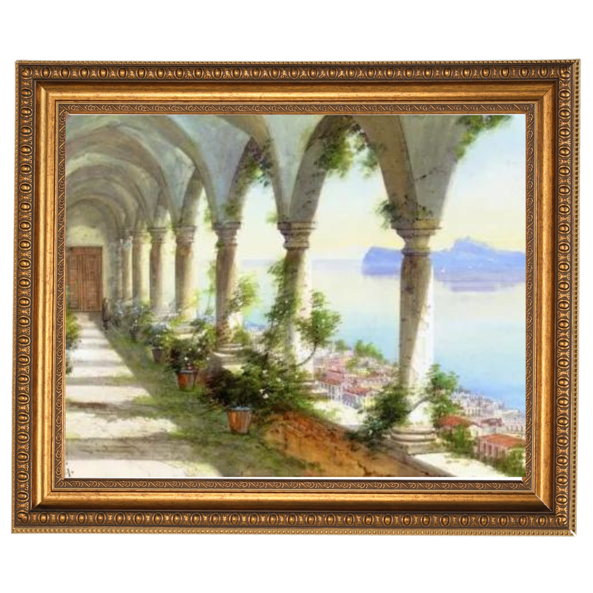 Colonnade Overlooking Capri Island: Framed Oil Painting