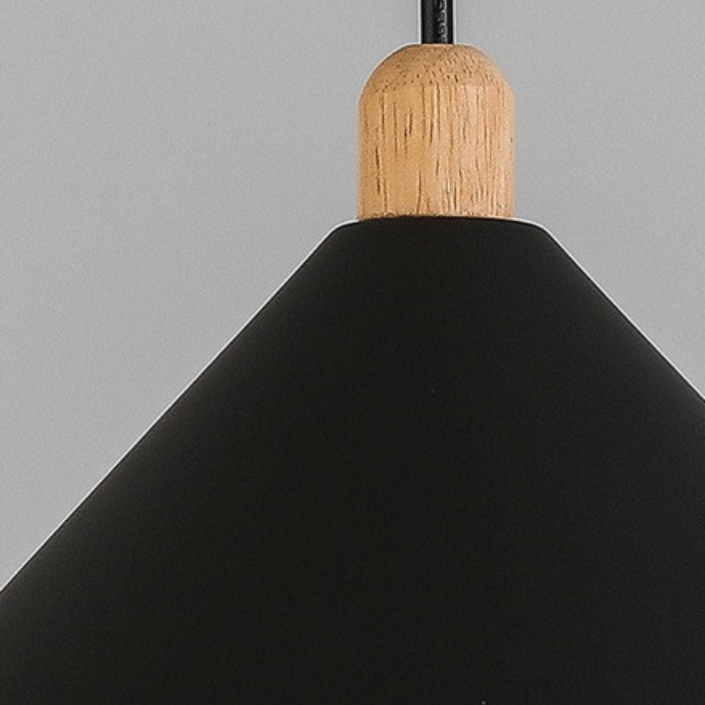 Close-up of Hailie Industrial Black Pendant Light, with wooden accent