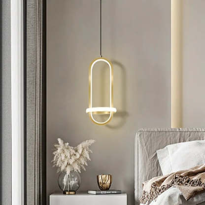 Nyla LED pendant light, gold finish, bedroom interior