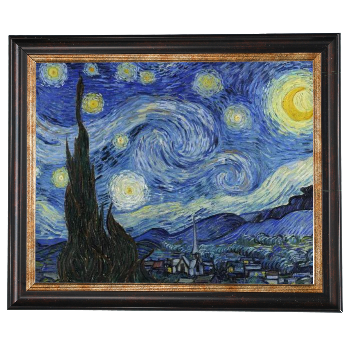 Van Gogh's Starry Night oil painting in a decorative frame