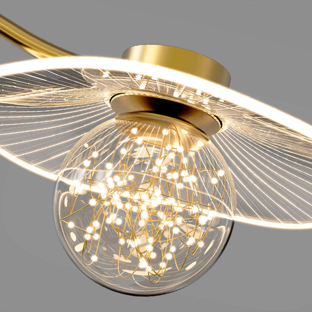 Carins pendant light, gold metal & glass ball detail.