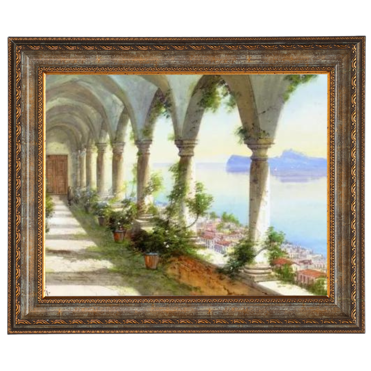 Capri Island oil painting framed, Italian view, vintage art.