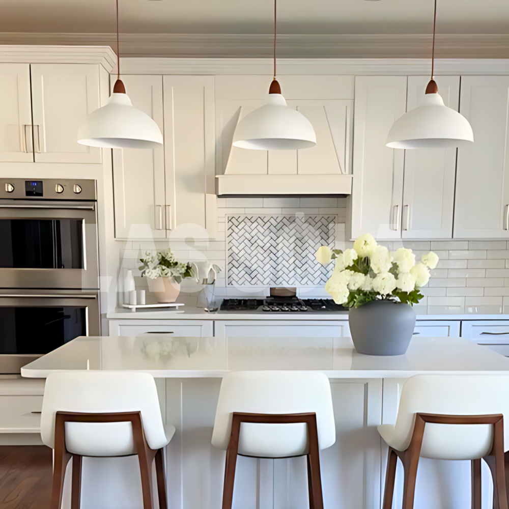 White Morandi pendant lights in modern kitchen. Morandi Modern Bowl-shaped Metal Pendant Light