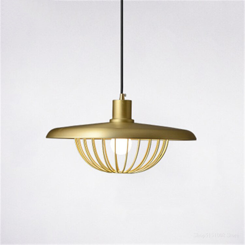 Gold metal Cairns pendant light with cage lampshade.