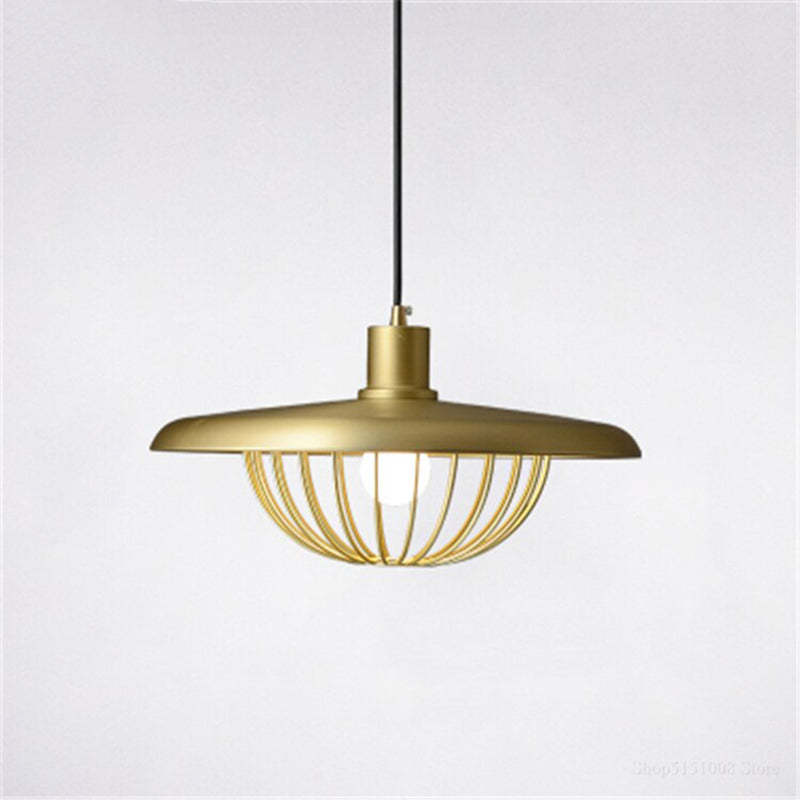Gold metal Cairns pendant light with cage lampshade.