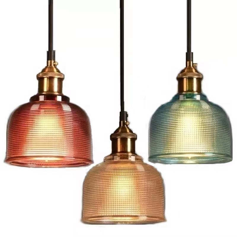 Art Deco glass pendant lights, red, amber, blue.