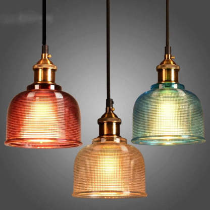Art Deco glass pendant lights in red, amber, and blue