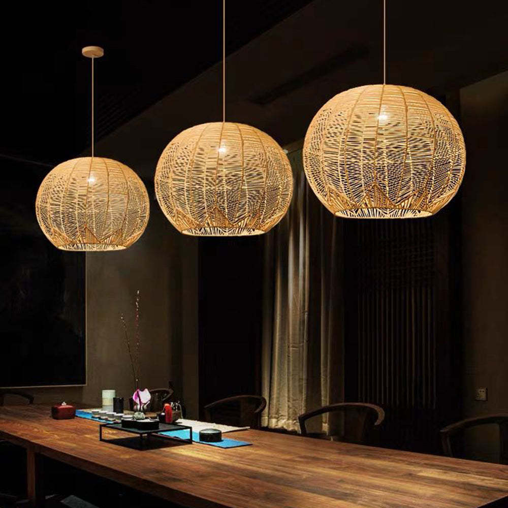 Rattan Pendant Lights above Dining Table