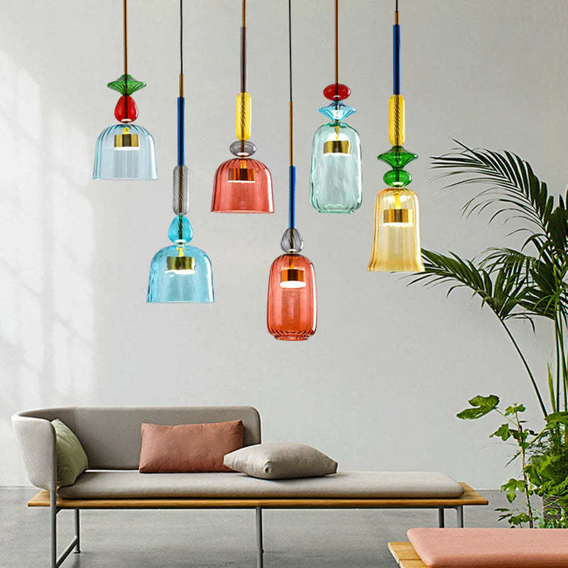 Colorful Hailie pendant lights over a modern living room
