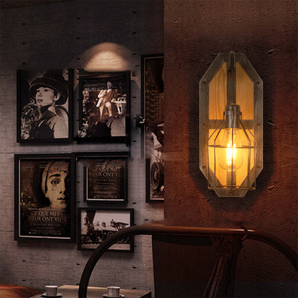 Rustic birdcage wall lamp, metal and wood sconce
