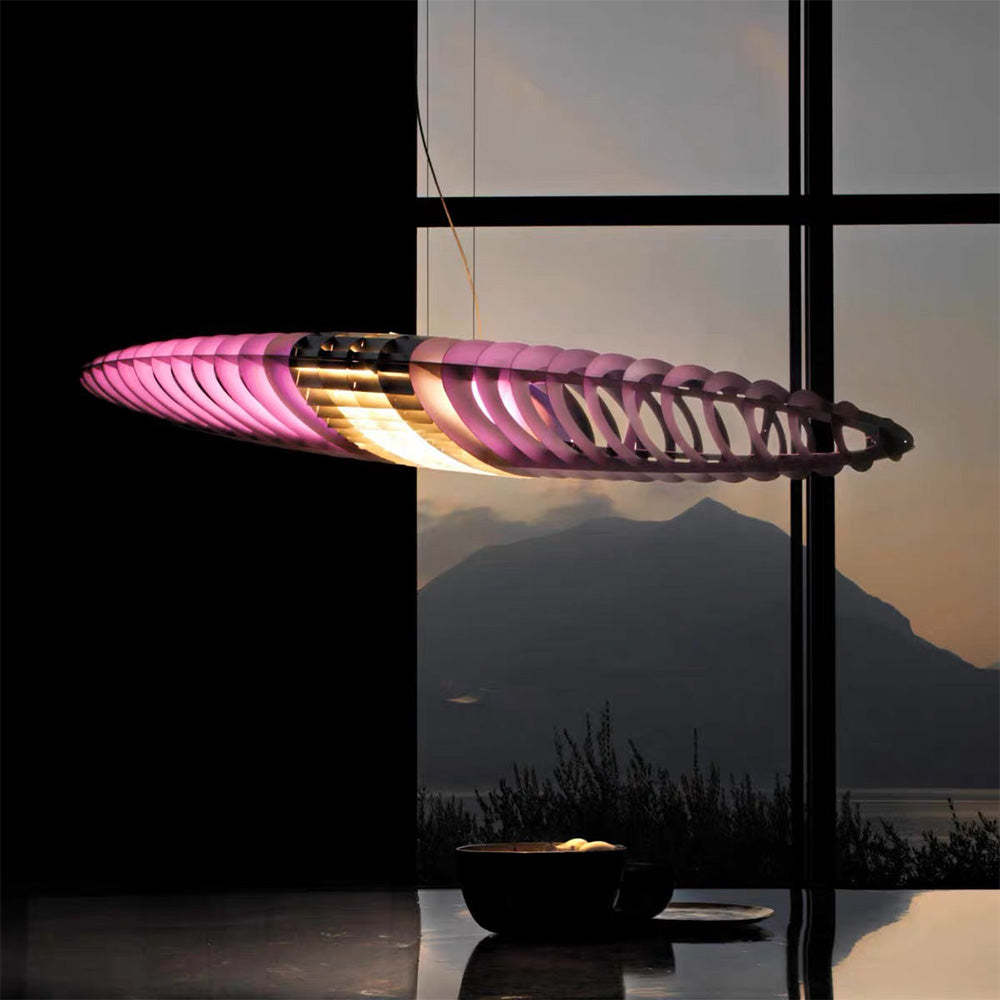 Eveline modern pendant light in a dining room setting, surfboard design