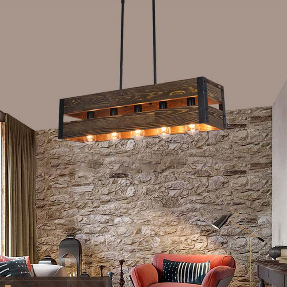 Alessio Retro wood pendant light over stone wall