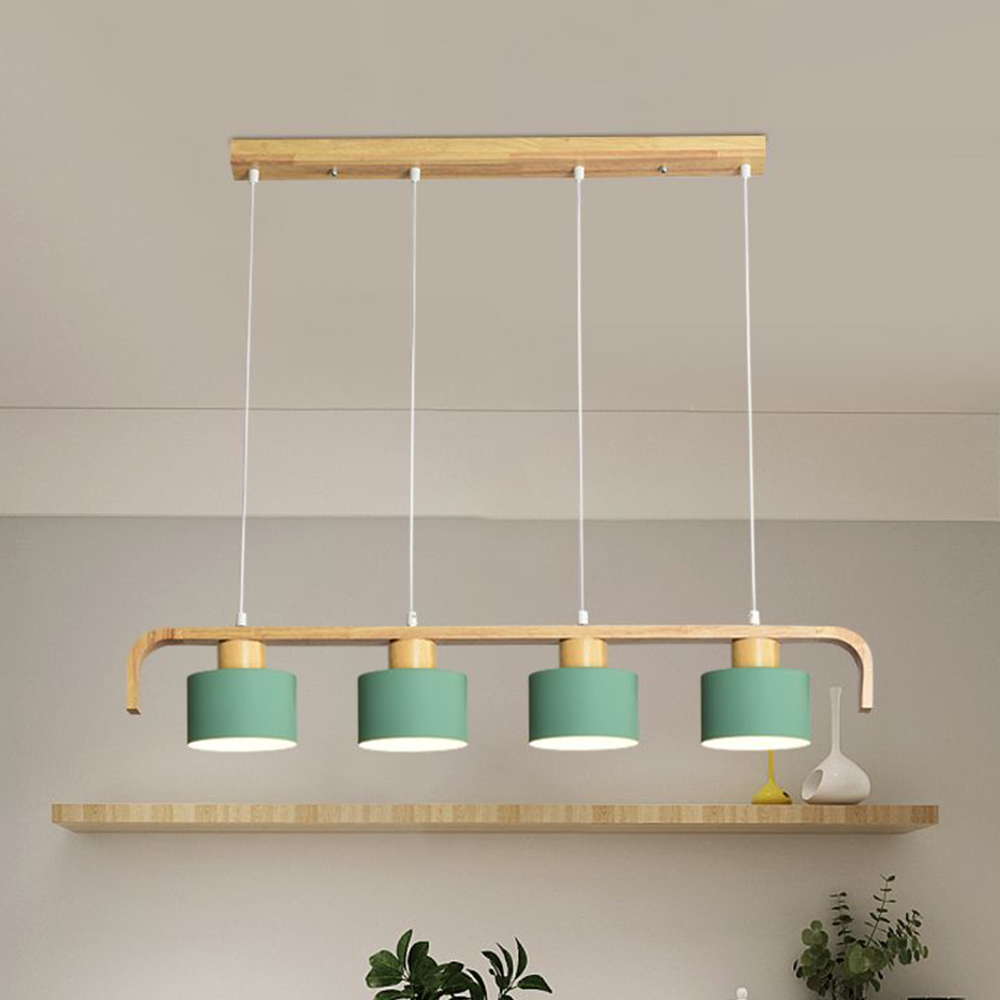 Green cylinder pendant light with wood accents, Morandi style
