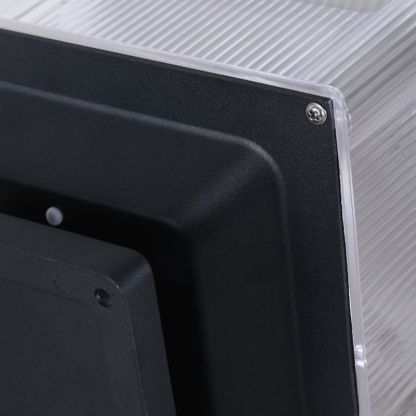 Riley LED outdoor lamp close-up, metal and acrylic detail.