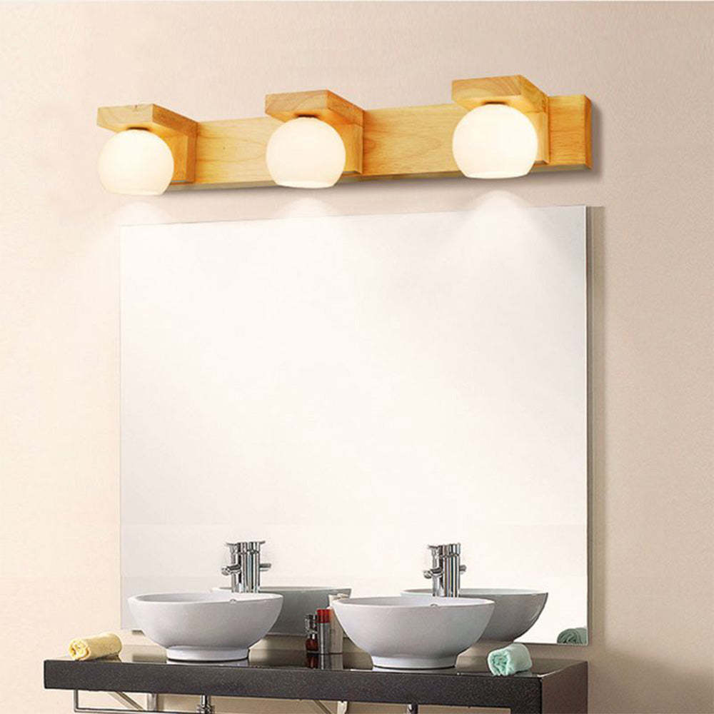 Lassola Ozawa wooden wall lamp over bathroom vanity