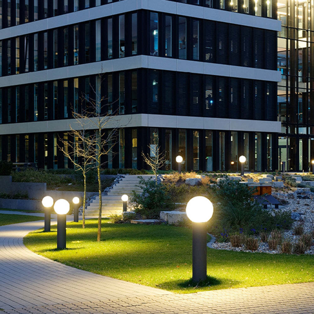 Modern outdoor lighting illuminating walkway
