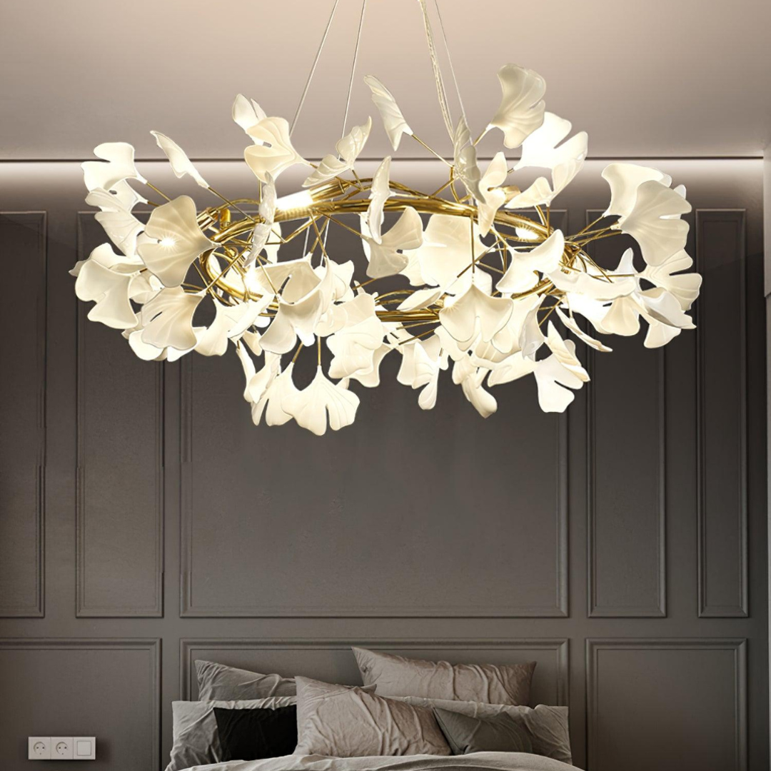 Olivia EarthenGlo Chandelier over bed, modern bedroom