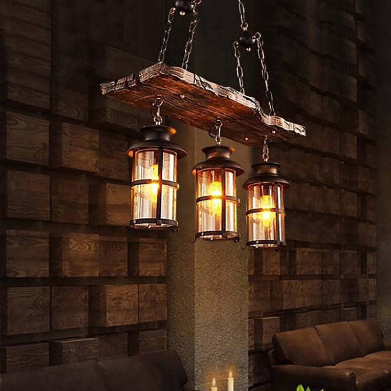 Retro Wood and Metal Lantern Chandelier
