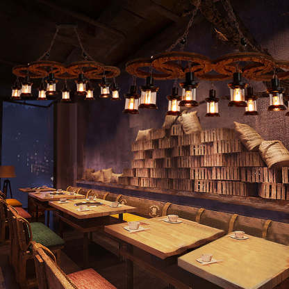 Walnut 5-Ring Pendant Light in Rustic Restaurant