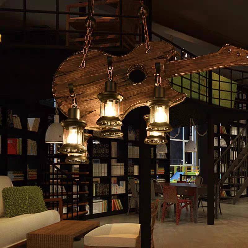 Guitar Wood Pendant Light with Metal Lanterns