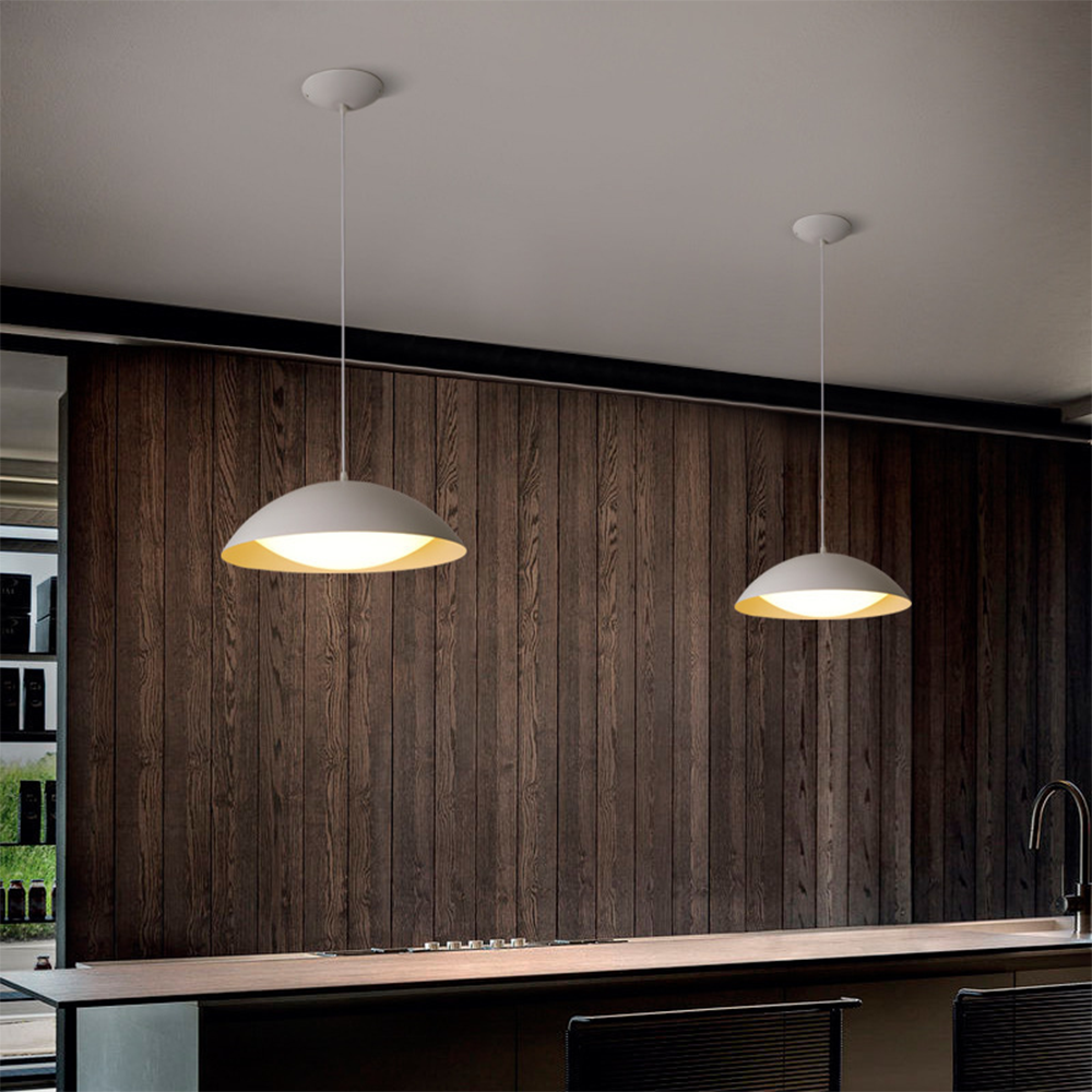 Modern pendant lights over kitchen counter with wooden wall