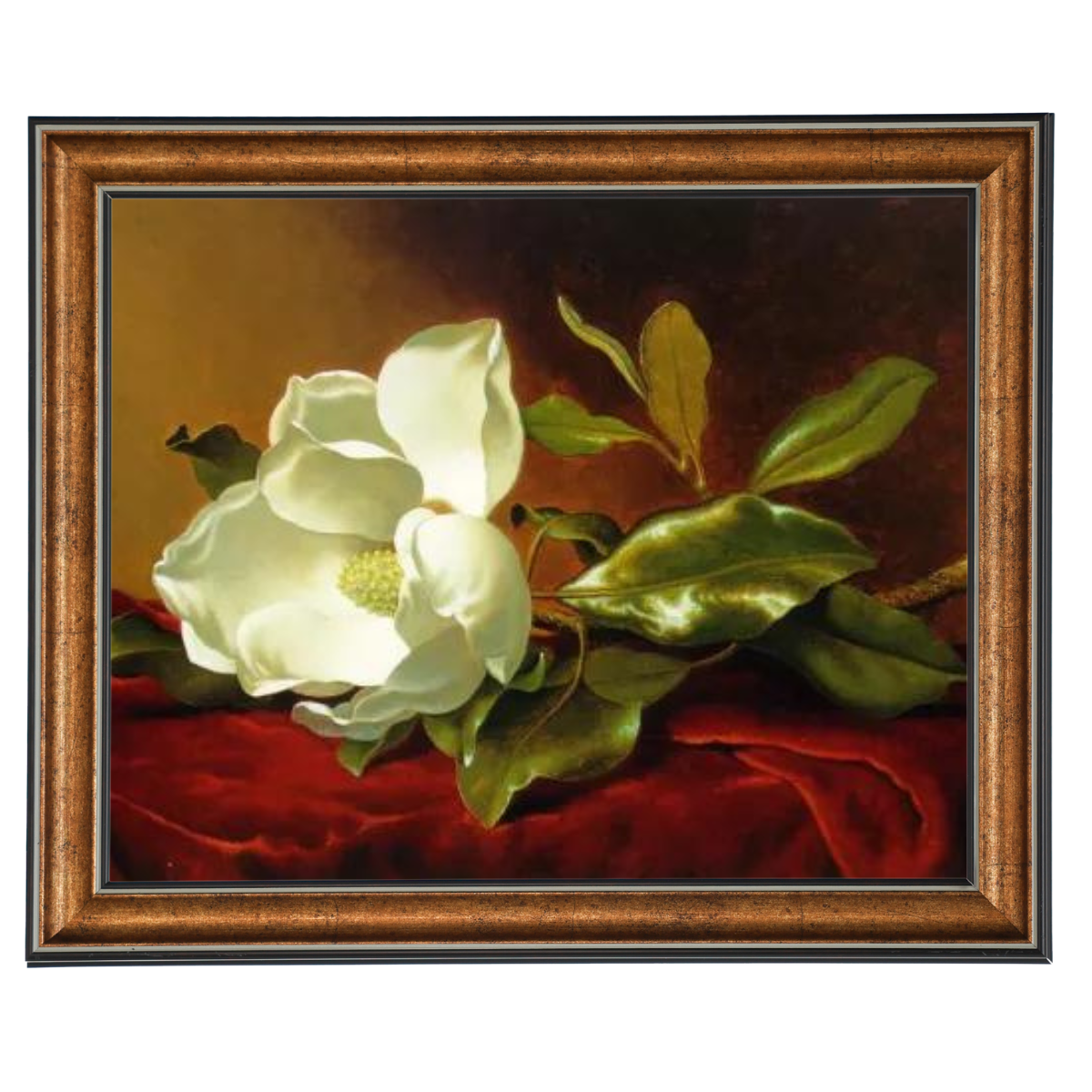 Magnolia flower painting on red velvet, framed artwork