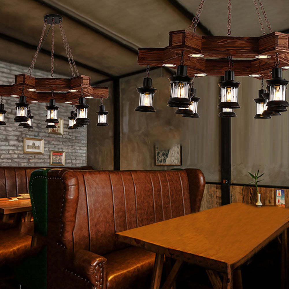 Retro lantern pendant lights in rustic restaurant interior
