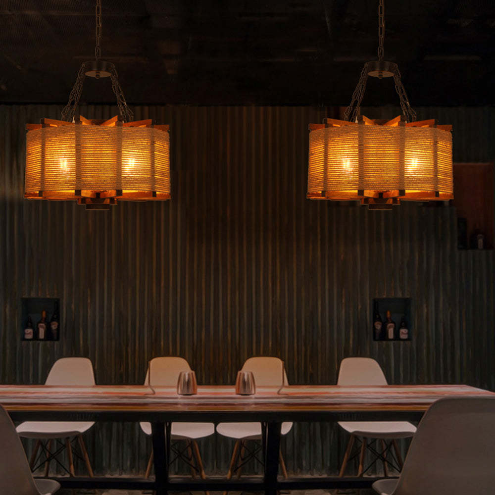Retro wood pendant light over dining table