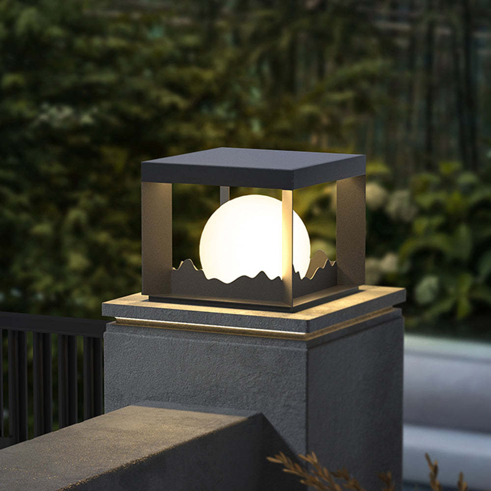 Riley Modern Mountain Outdoor Lamp with Warm Light on pillar
