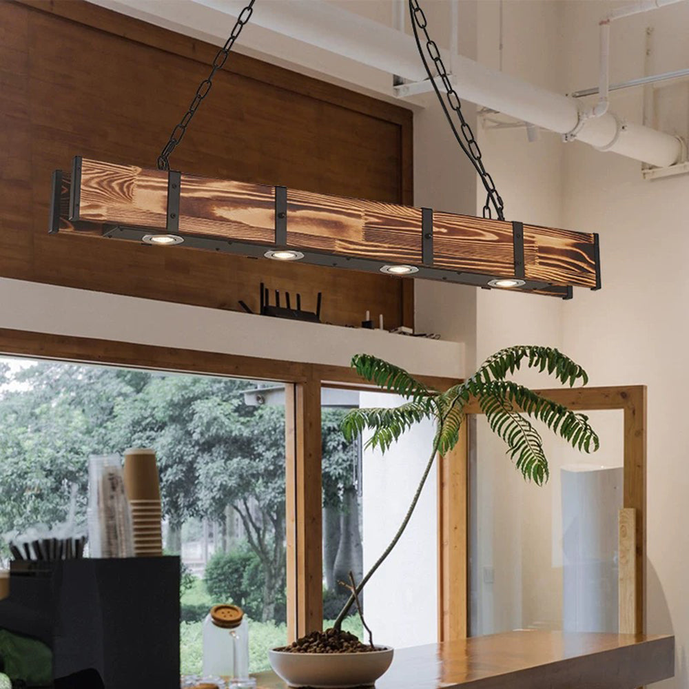 Alessio vintage wood pendant light with LED in restaurant.