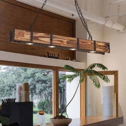 Alessio vintage wood pendant light with LED in restaurant.