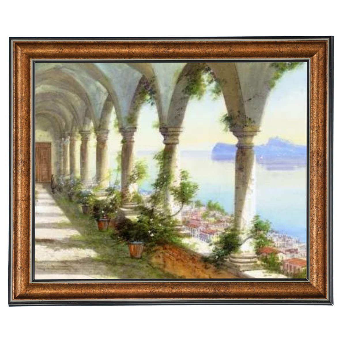 Vintage wall art print: Capri colonnade view painting in gold frame