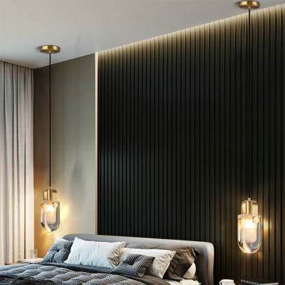 Crystal pendant lights over bed, Lassola Kristy design